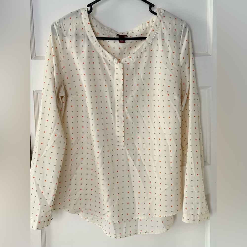 Merona Women’s Long Sleeve Beige Gray Orange Polka Dot Blouse - Size Medium